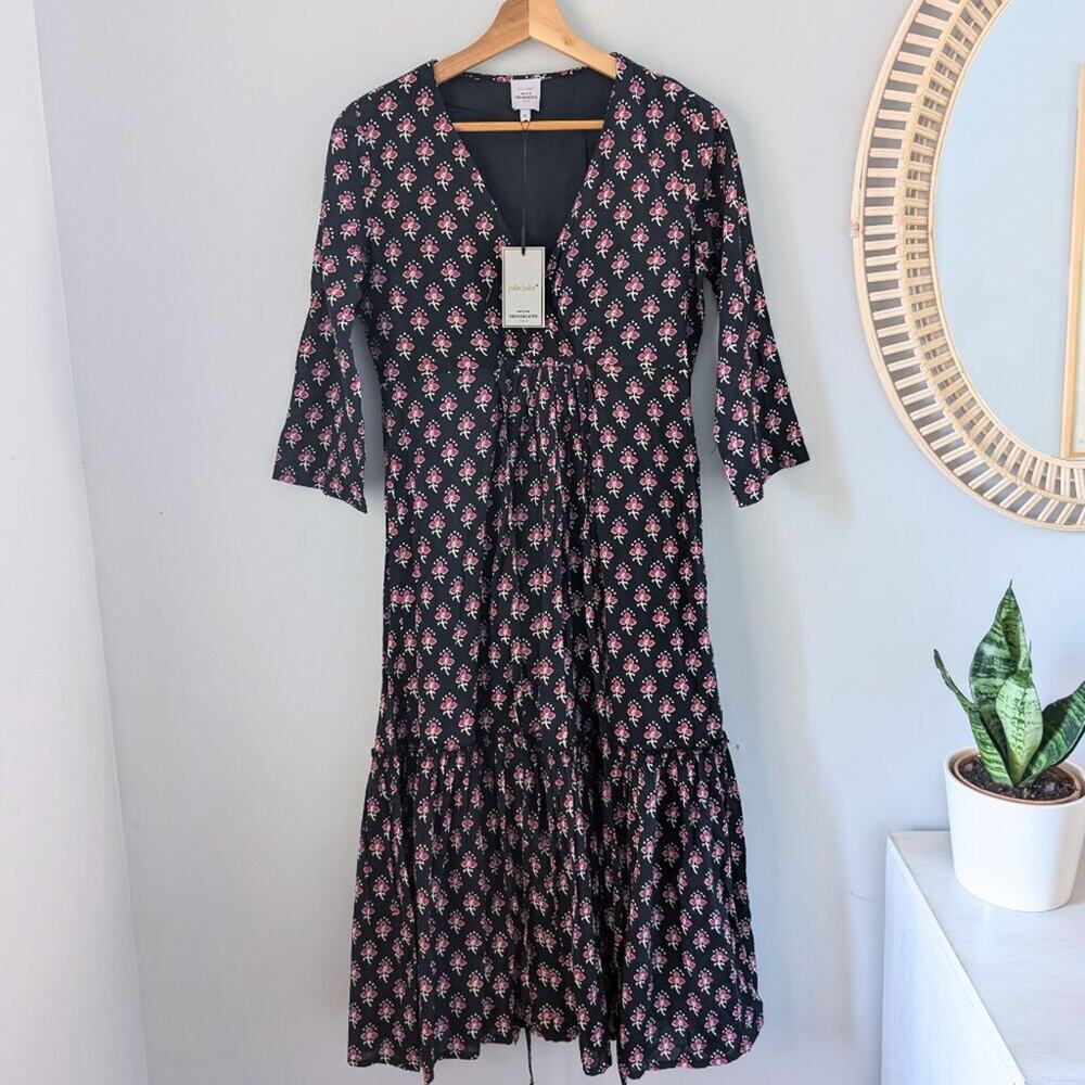 PETITE MENDIGOTE Inaya Lobelia midi dress, Navy Floral Print S, cotton, NWT